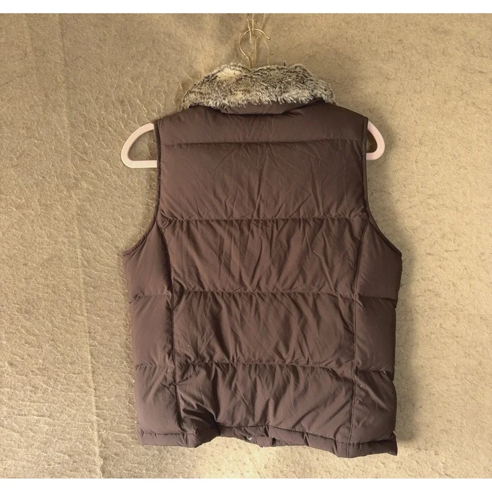 LL Bean Goose Down Puffer Vest Womens‎ Sz XS Brown Faux Fur Removable Collar